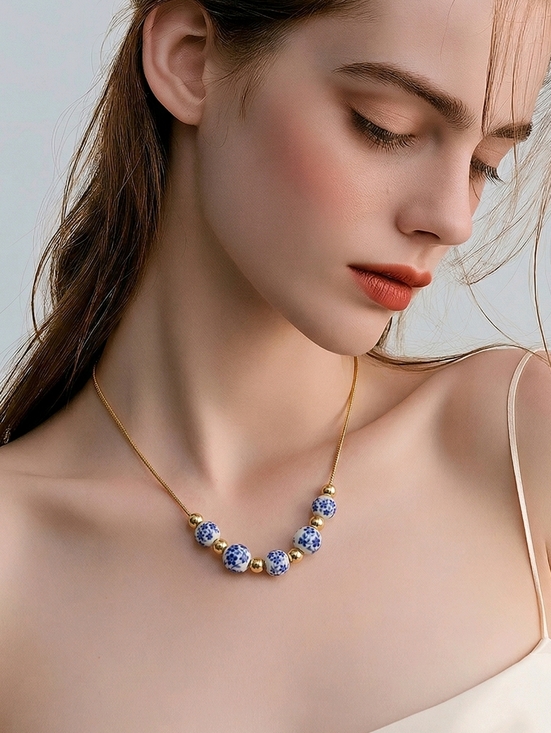 Boutique Jewelry - Blue Floral Porcelain Beaded Necklace Vintage Style Women’s Jewelry NWT Feminine